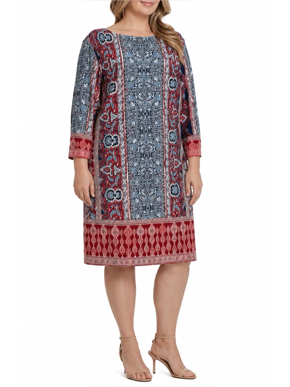 NWT London Times Red & Blue Paisley Print Long Sleeve Shift Dress Womens 14W NEW